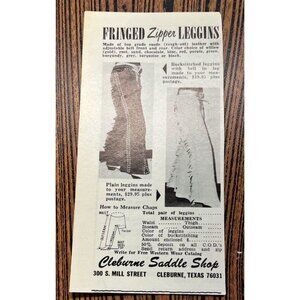 Cleburne Saddle Shop Vintage Print Ad 1970s Fringed Zipper Leggings Western
